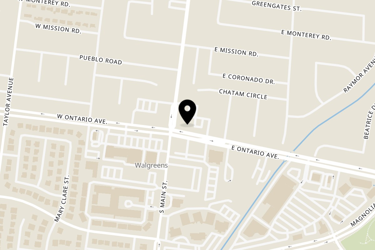 Map showing the location of Crave Coffee & Tea Ontario Ave on 175 East Ontario Avenue in Corona