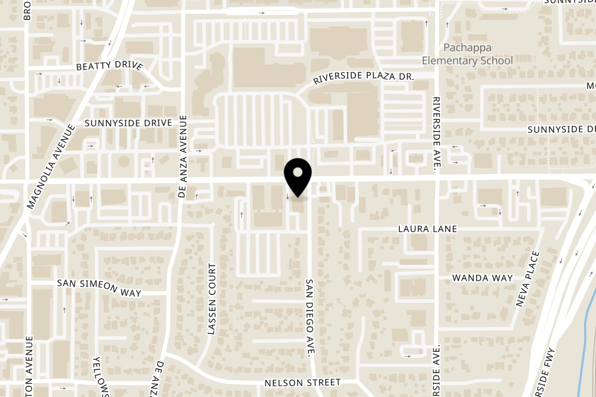 Map showing the location of Crave Coffee & Tea Riverside on 3590 Central Avenue in Riverside